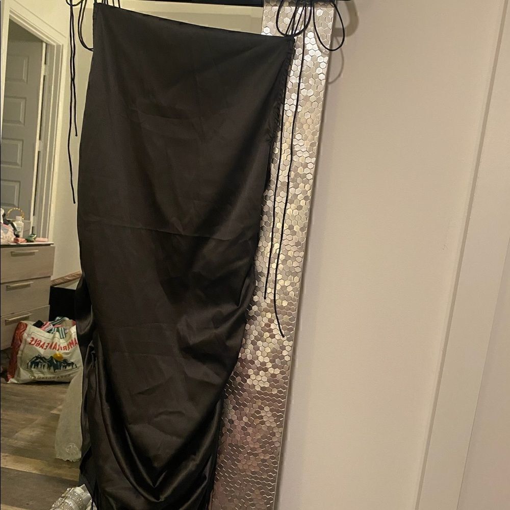 [boutique] drawstring black satin dress #2 - Picture 4 of 10